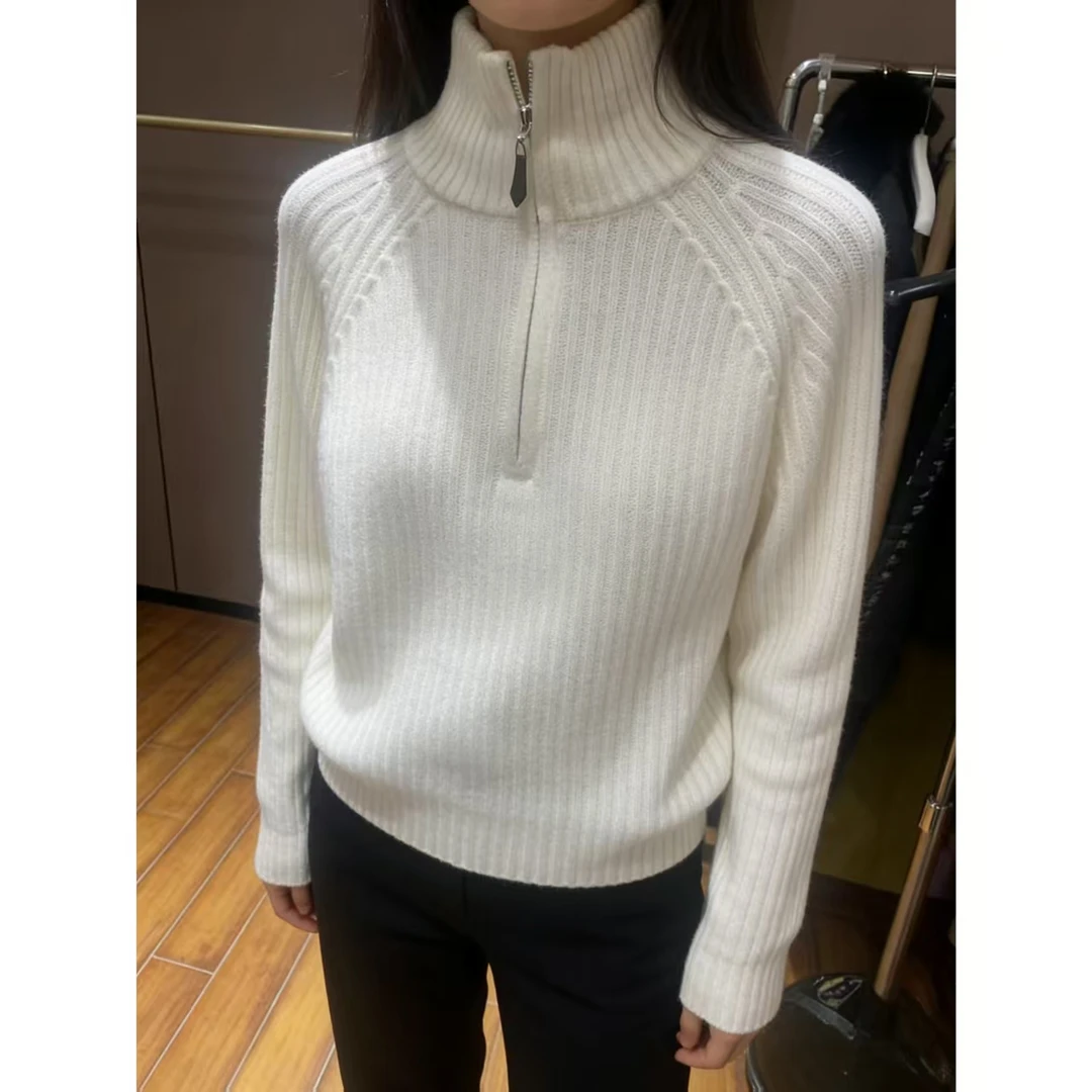 秋冬极简显瘦百搭100%绵羊毛半拉链套头坑条保暖毛衣