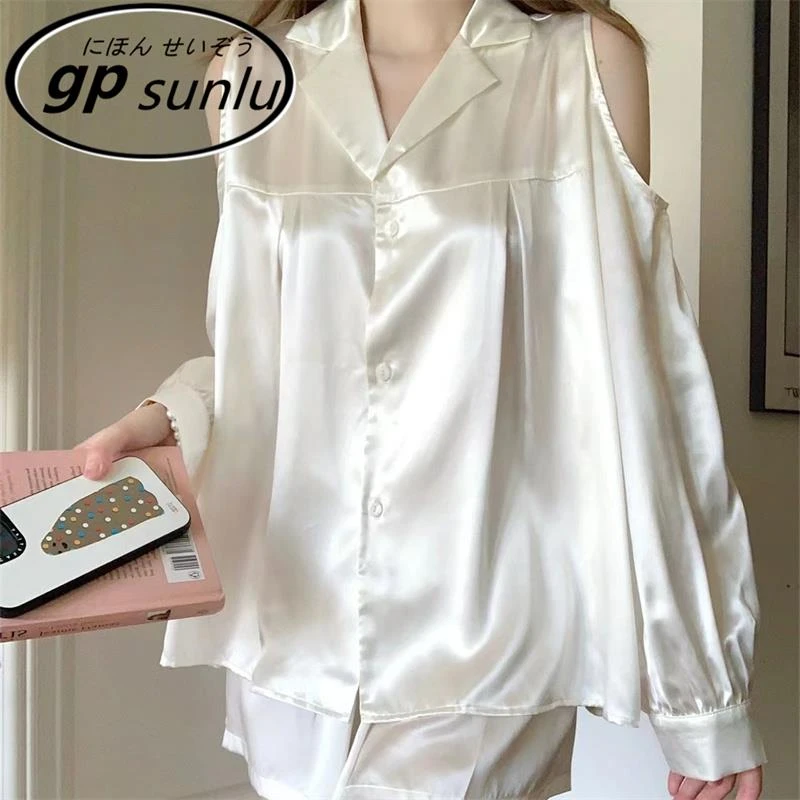 GPSUNLU法式高级感冰丝长袖睡衣女夏天冰丝亲肤短裤家居服女