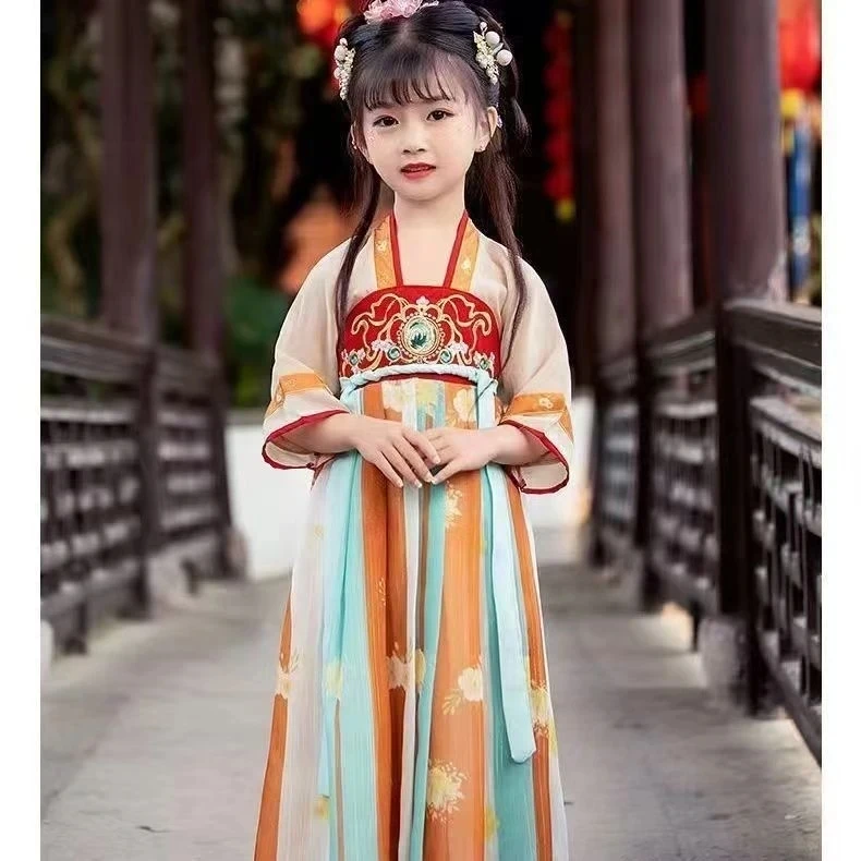 2118女童汉服裙彩色条纹汉服长裙