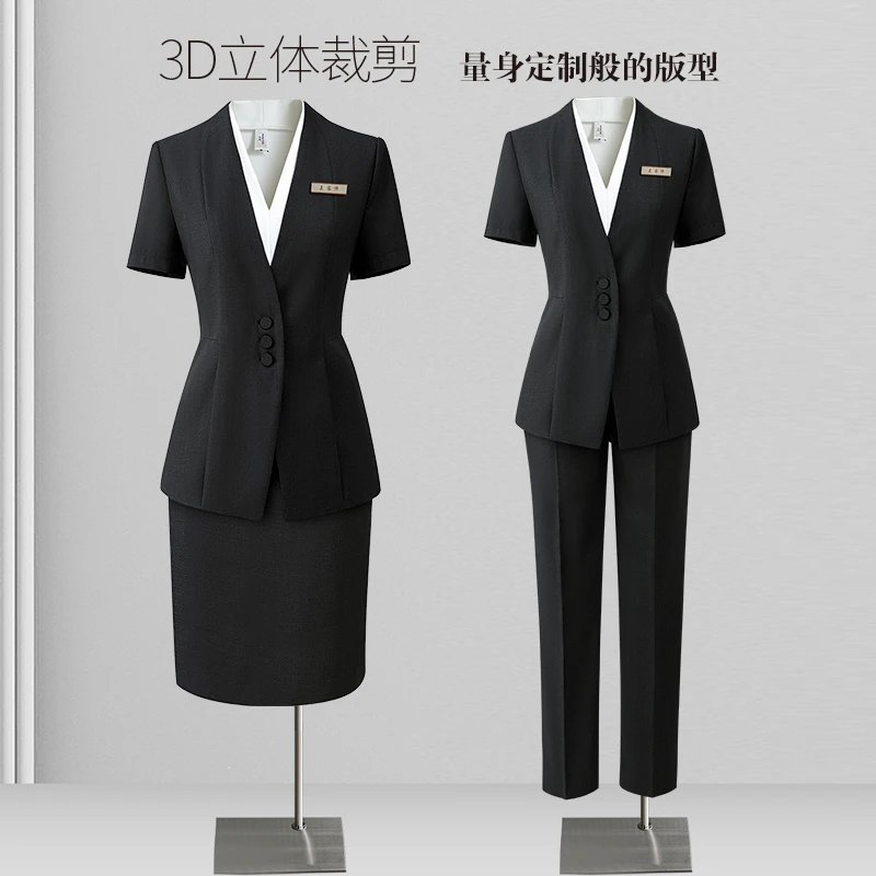 黑色职业西装套装女夏季正装小个子西服时尚酒店前台工作服薄薄款
