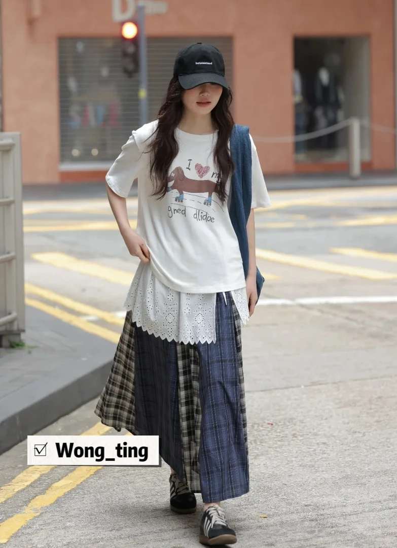 【W_ting】2025新款小众设计师两色条狗图案短袖T恤82547