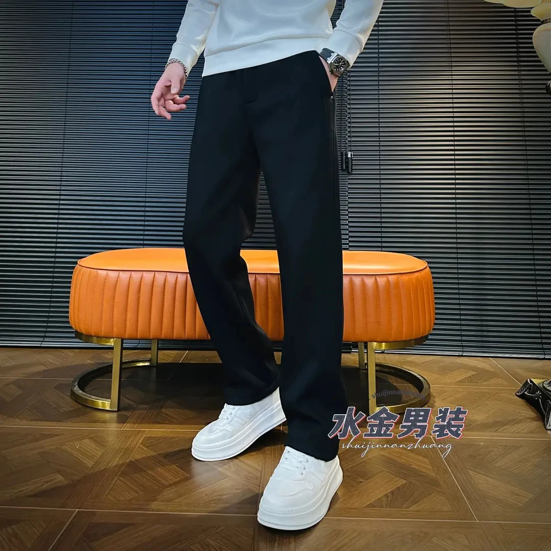 男士秋冬休闲卫裤加绒时尚潮流舒适简约个性长裤高端轻奢加绒直筒