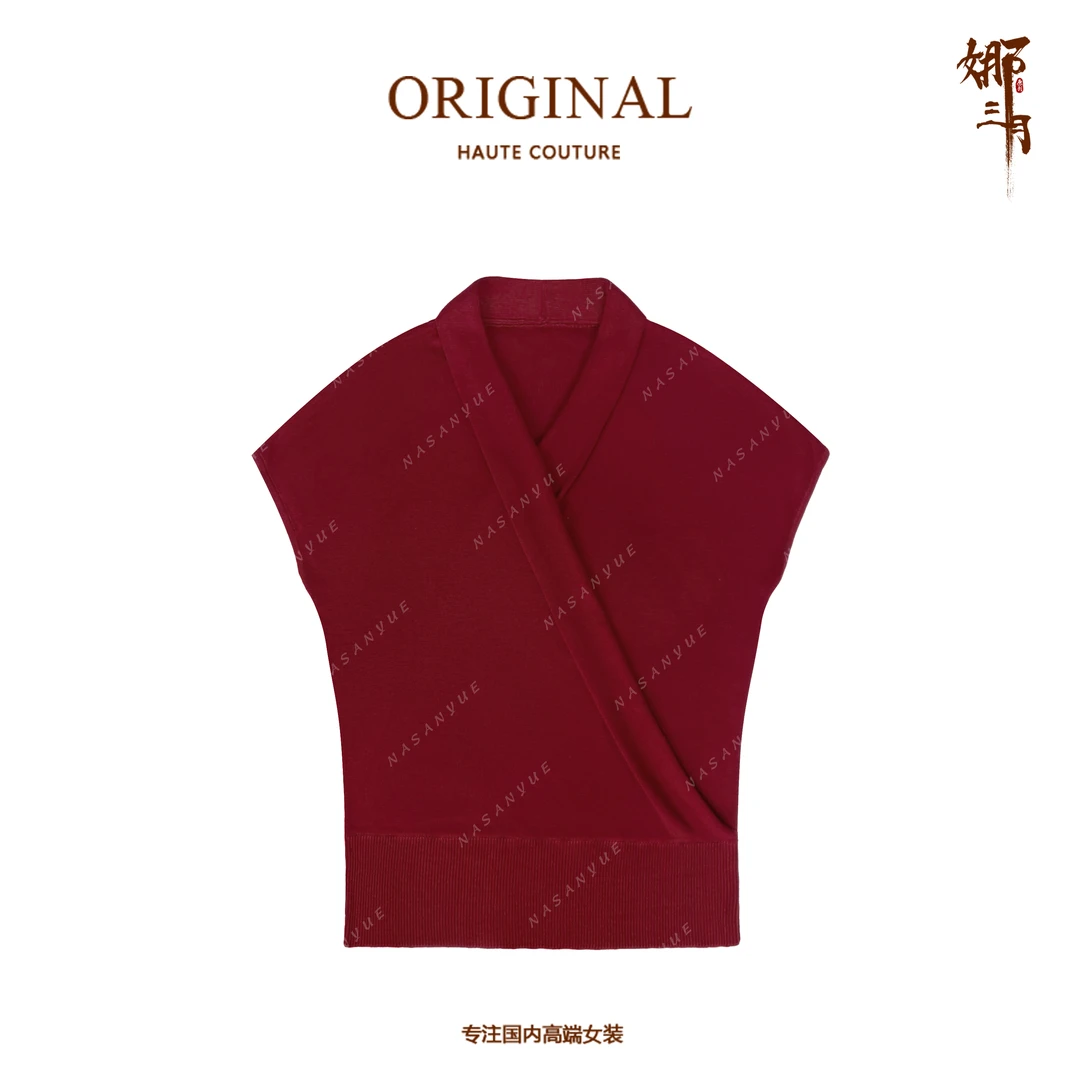 娜三月【100%莱赛尔】文艺简约交叉V领显瘦百搭大弹力针织短袖6201