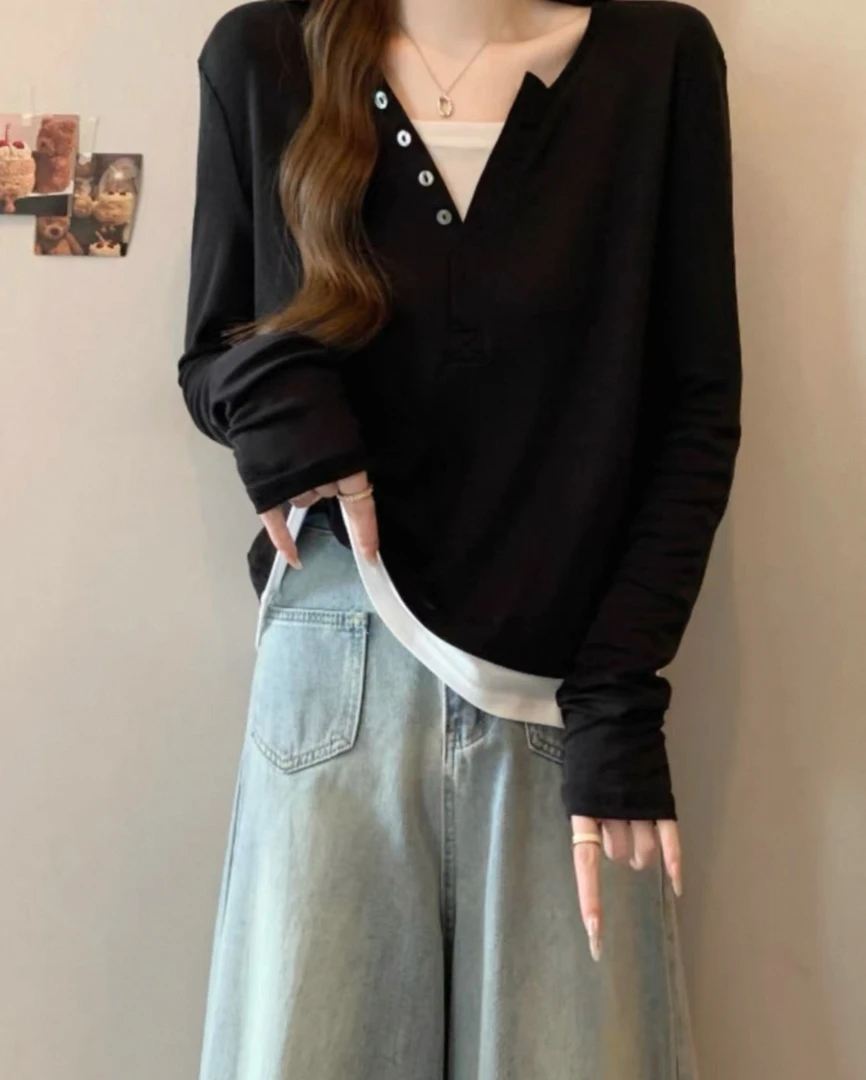 灵灵家5509时尚简约假两件设计长袖打底衫