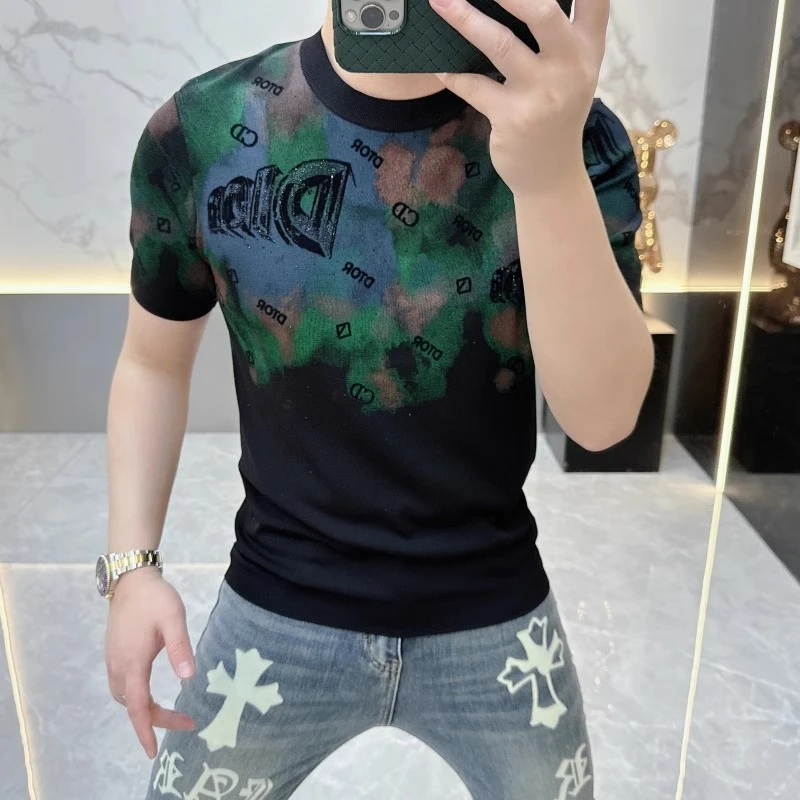 2025轻奢欧货针织冰丝短袖t恤男士圆领针织夏季半袖印花上衣潮051