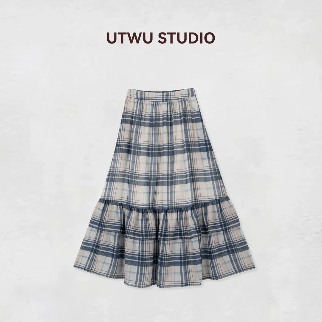 小敏「泡泡女孩」欧阳娜娜同款复古格纹拼接百搭半裙S25B1039