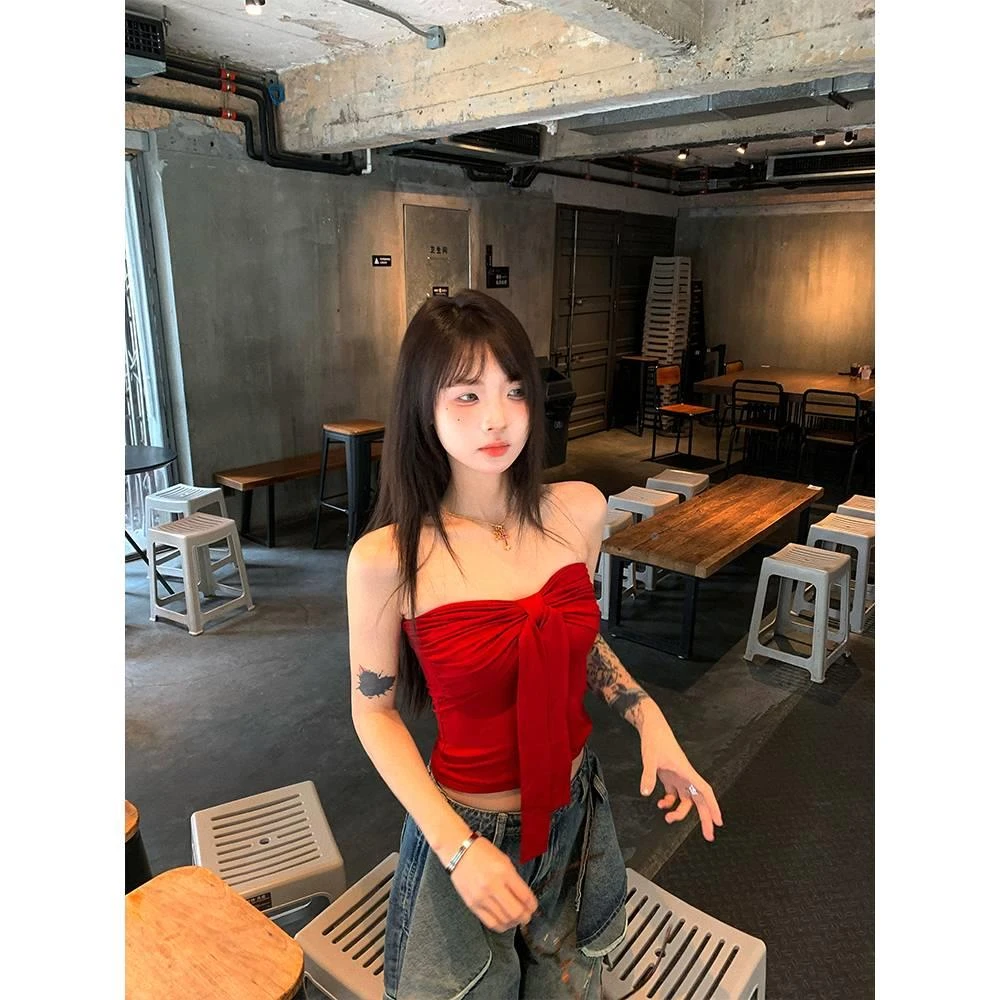 蝴蝶结系带抹胸背心女夏季纯欲风性感裹胸内搭红色甜辣妹上衣外穿