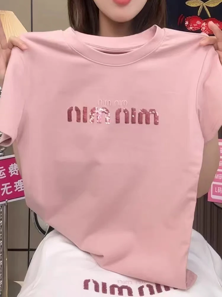 【minmin】亮片刺绣2025新款时尚圆领休闲简约百搭短袖T恤