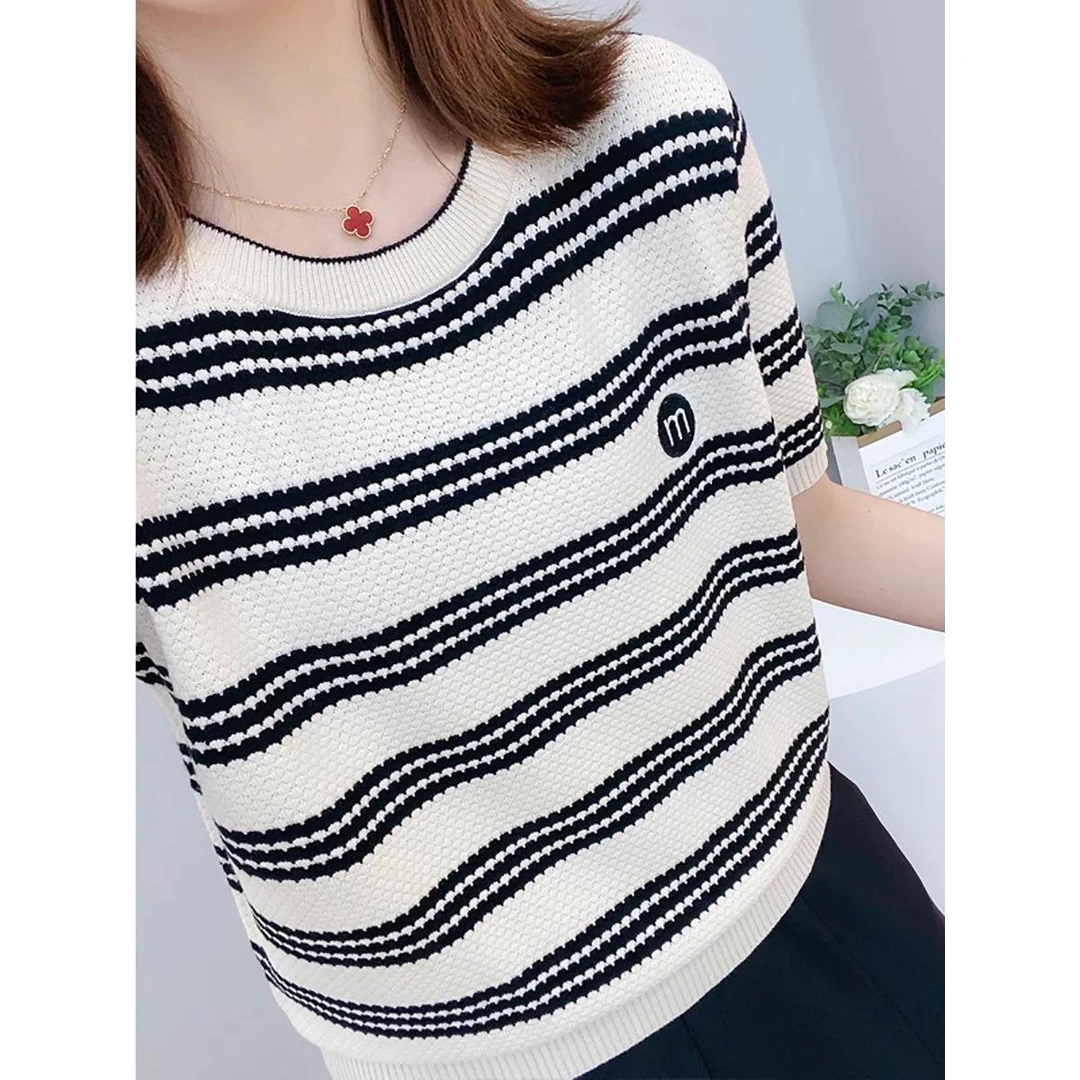 通勤简约圆领冰丝短袖t恤女2025夏季时尚百搭休闲针织条纹上衣潮