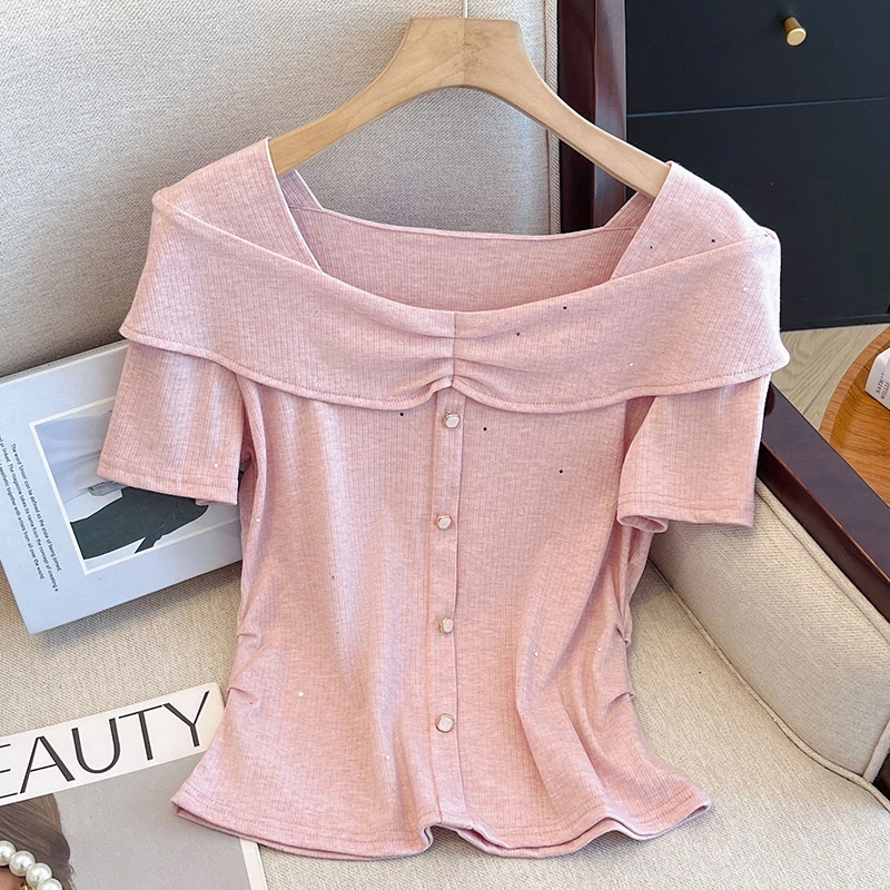 夏季新款法式一字肩褶皱短袖T恤女设计感修身显瘦小个子短款上衣