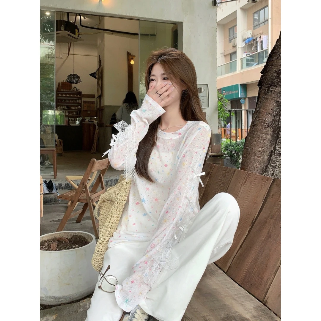 多巴胺星星印花罩衫T恤女春夏小众休闲宽松薄款上衣显瘦夏季新款