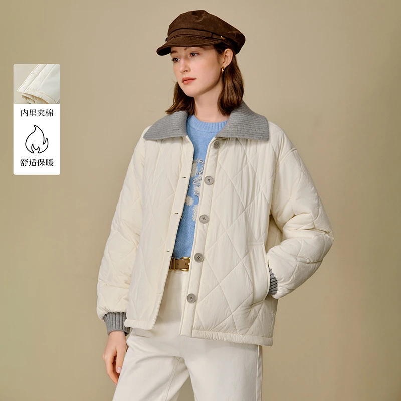 【流光风穿搭】茵曼25冬季夹棉假两件拼接针织菱格棉服宽松保暖外套