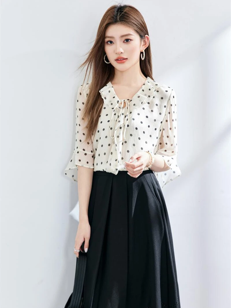 夏季新五分袖荷叶边雪纺衫女上衣复古波点飘带优雅衬衫显瘦百搭