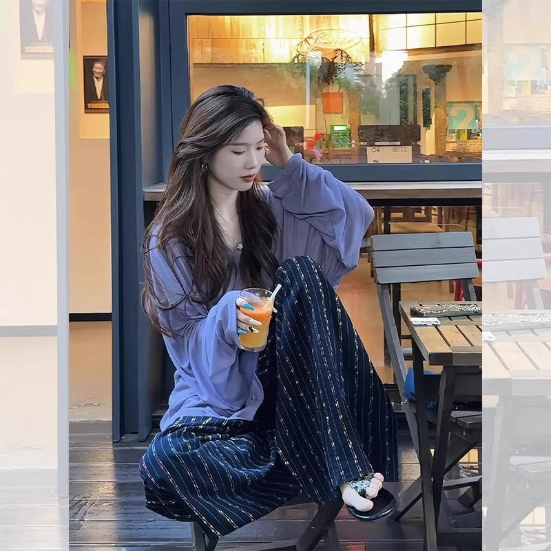 芊芊芙韩系紫色正肩长袖防晒T恤女夏季宽松松弛感空调罩衫上衣薄