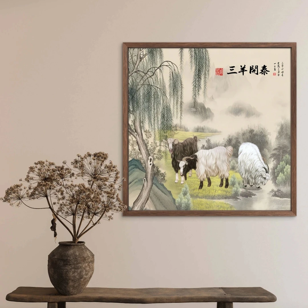 052-50*50三羊开泰中式装饰画木框玄关书房茶室客厅挂画