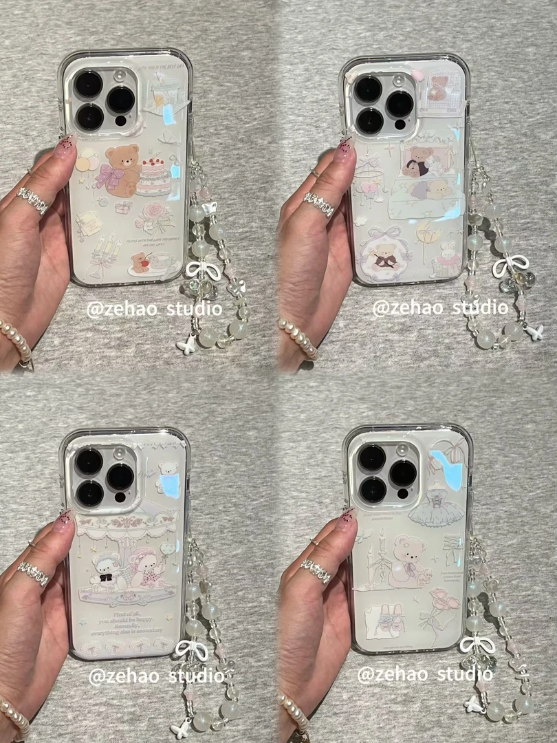 【包相机键圆边】 ins风小熊抱蛋糕适用于苹果16promax手机壳iphone