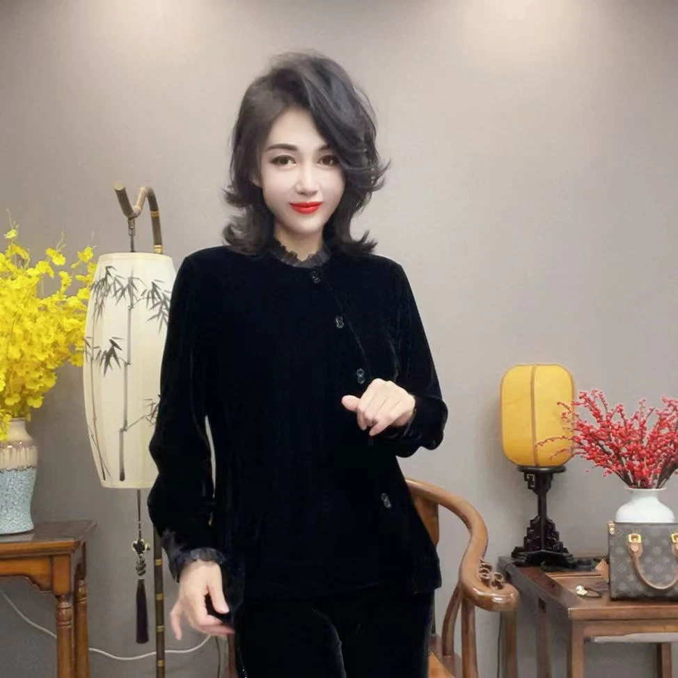 【峰姐甄选】时尚花边领丝绒衬衫6828【DNY】