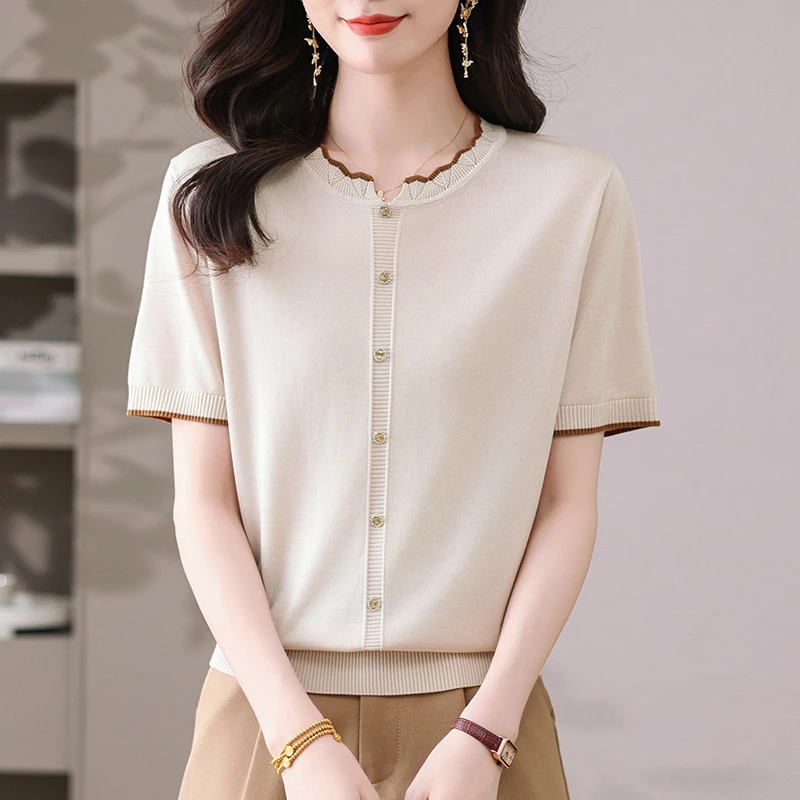 天丝针织衫短袖t恤女士2025新款年轻妈妈夏装气质上衣夏季体恤薄