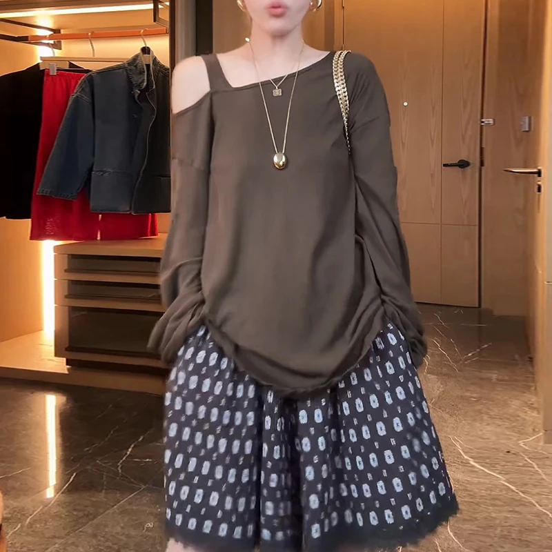 韩系百搭斜肩薄款长袖t恤女2025春秋新款显瘦设计感露肩防晒上衣