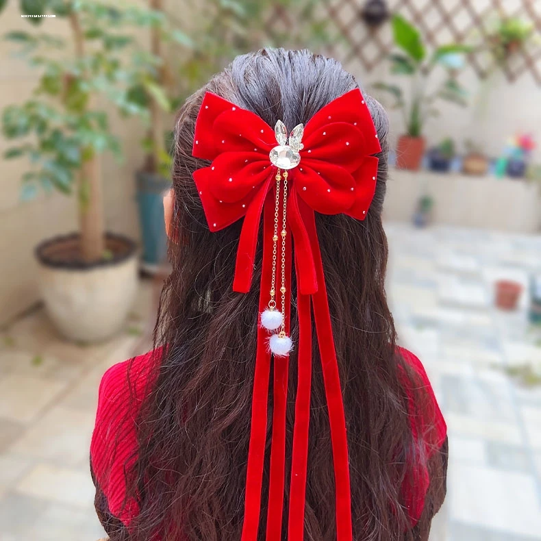 丝绒蝴蝶结飘带发夹头饰2025小众设计发卡顶夹气质少女质感后脑勺