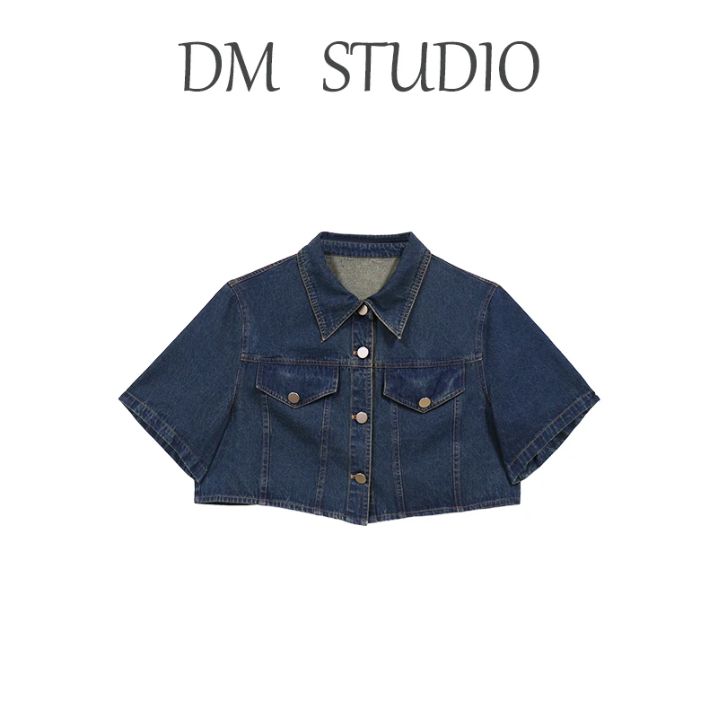 DM19181【甜酷代表】立体小翻领大口美化手臂线条感短款牛仔外套