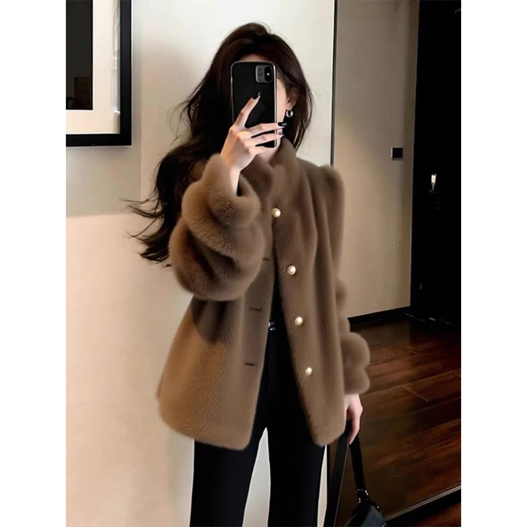 咖色立领毛绒外套女冬高端时髦洋气独特漂亮巨好看小香风上衣厚女