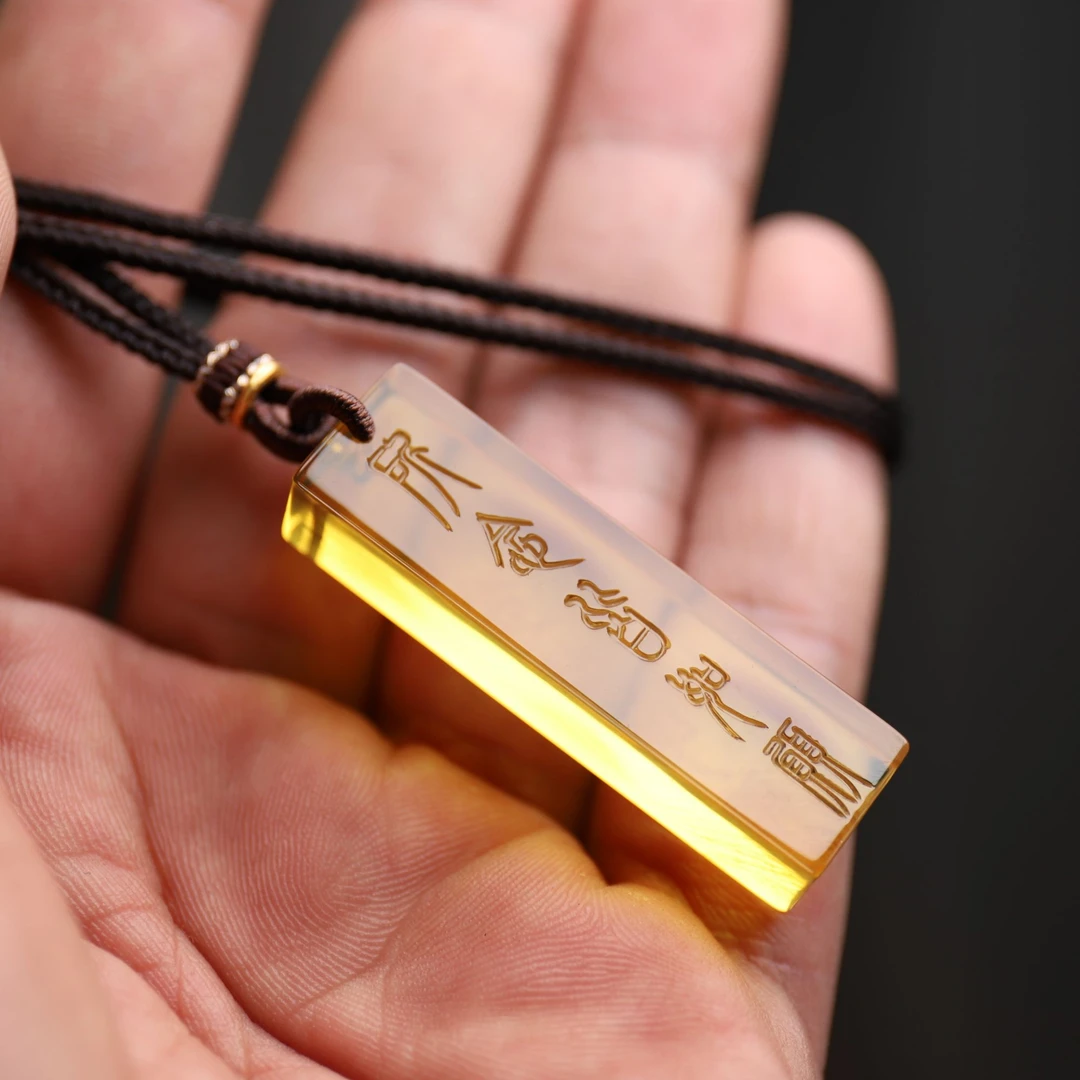 天然缅甸琥珀蜜蜡精雕高档创意吉语所念皆如愿长方形男女款吊坠