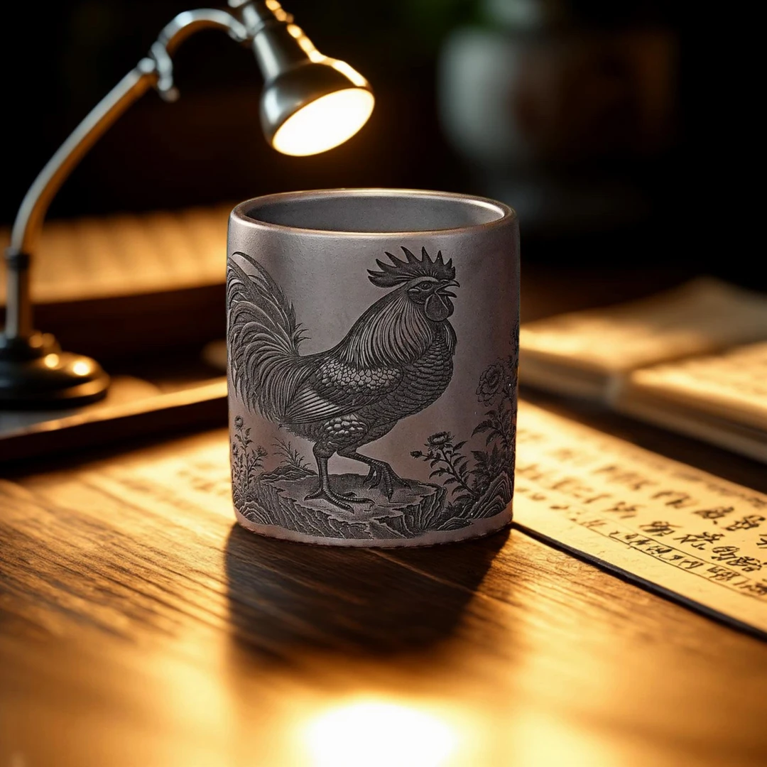 原矿紫砂刻绘金鸡报喜生肖鸡石黄陶瓷主人杯主人品茗杯紫砂杯水杯