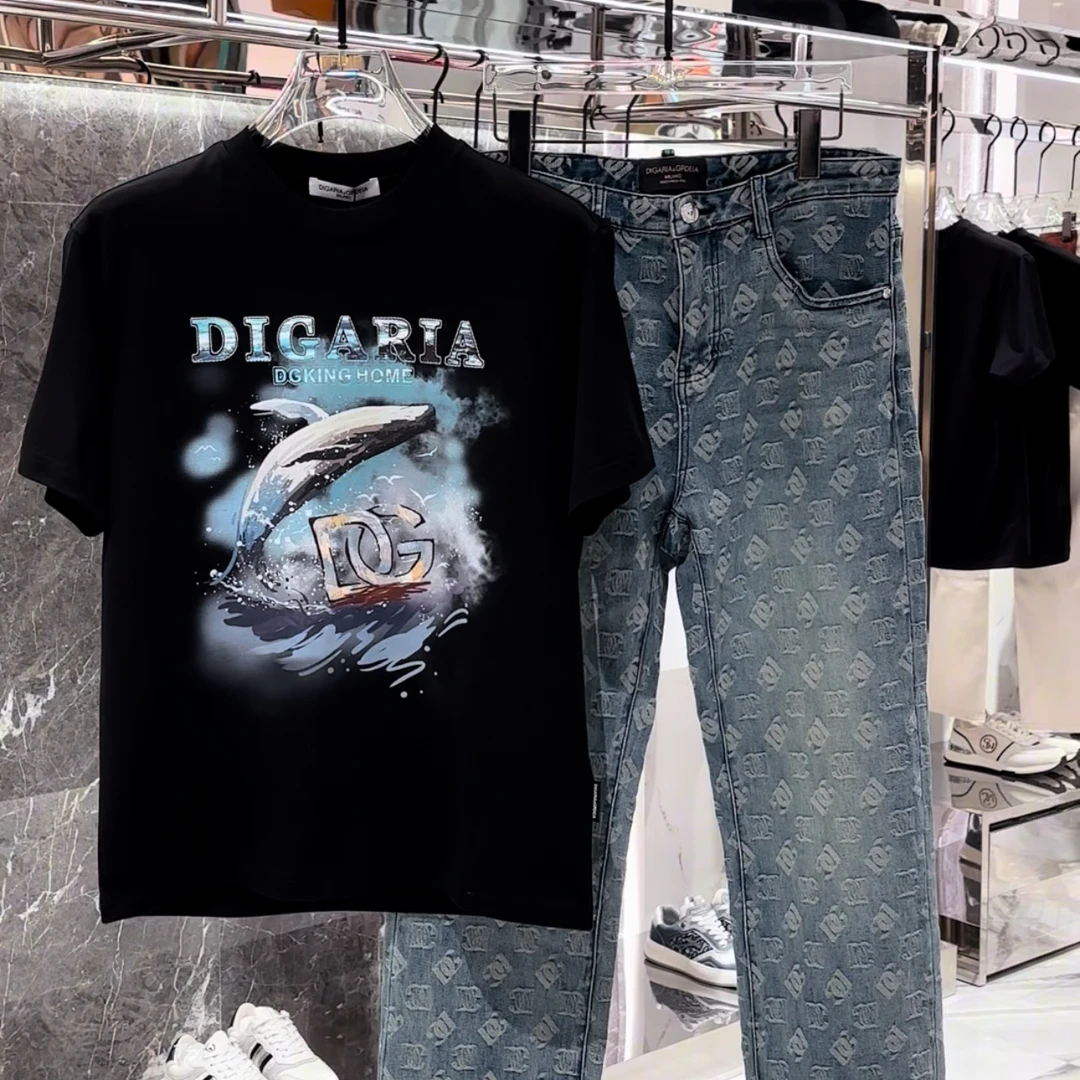 DG迪嘎雅男士新款匹马时尚手绘海洋的风幸运刺绣潮流休闲短袖T恤