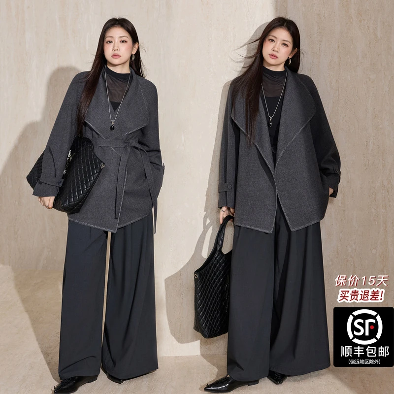 蓝语大码女装气质高端简约大翻领外套2025秋冬手工三角针缝制上衣