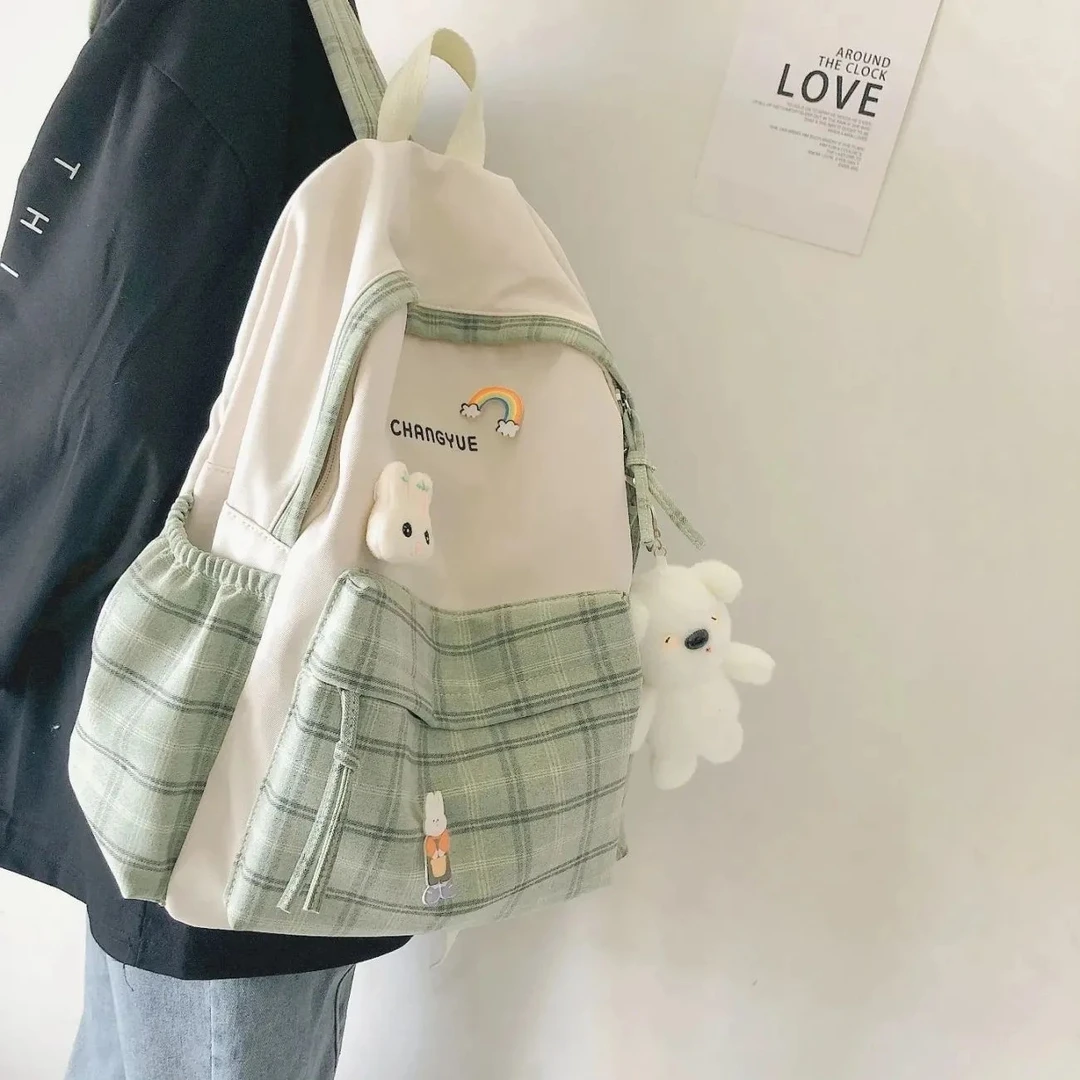 ins森系小清新高中书包女学生韩版初中格子简约学院风双肩包背包