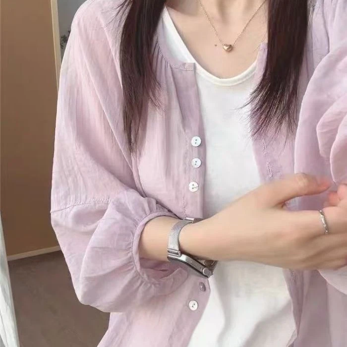 夏季新款大码亚麻防晒衣衬衫女薄款减龄开衫外搭宽松长袖衬衣上衣