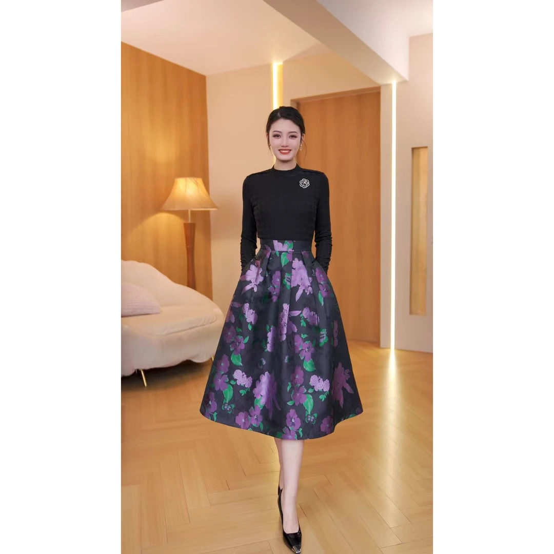【六丑】新款时尚百搭显瘦气质紫色印花半裙508ABQ0136