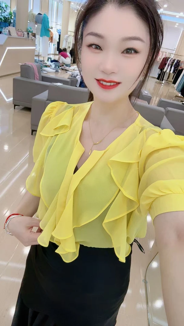 法式荷叶边短袖衬衫气质通勤温柔风设计感百搭小上衣