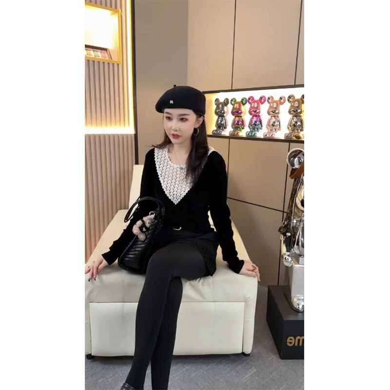 拼接打底衫别致舒适洋气法式通勤设计感2025秋季长袖流行上衣撞色