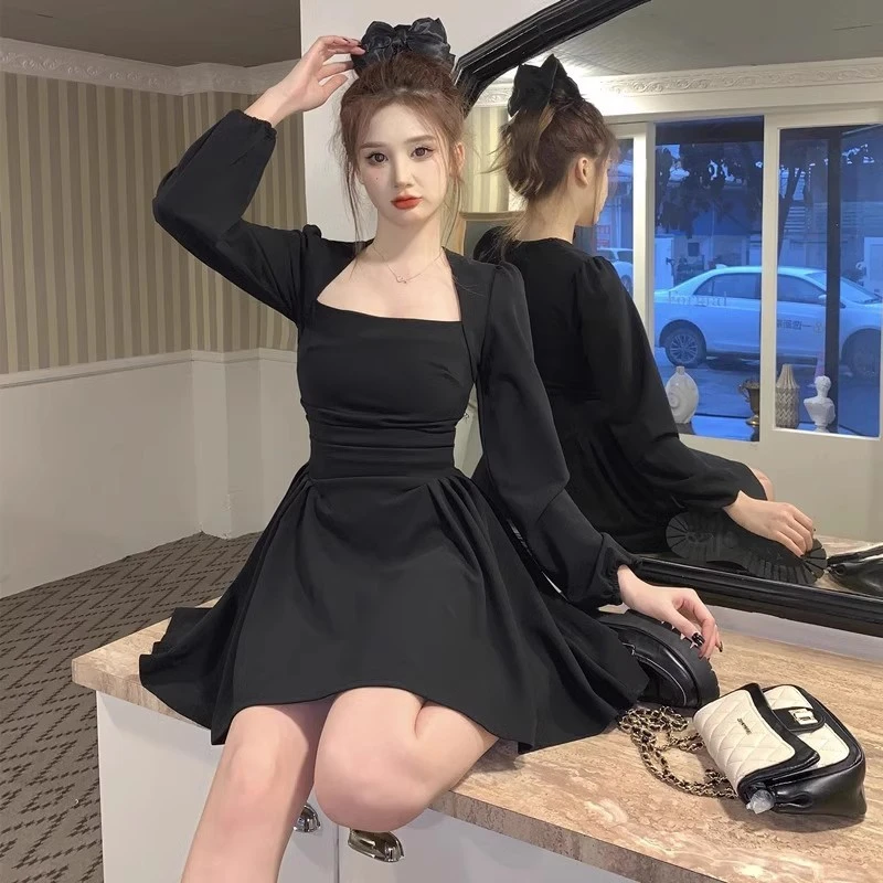 微胖mm法式方领长袖连衣裙春秋大码女装复古收腰显瘦茶歇a字短裙