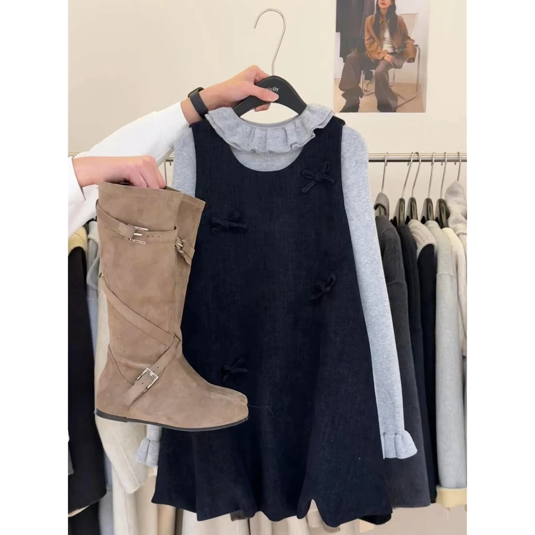 2025新款小香miu系风穿搭黑色背心连衣裙子女秋冬季内搭套装短裙