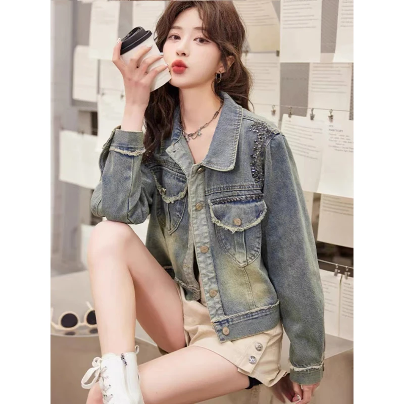 2025年春夏新款复古港风短款上衣重工做旧钉珠毛边牛仔外套女