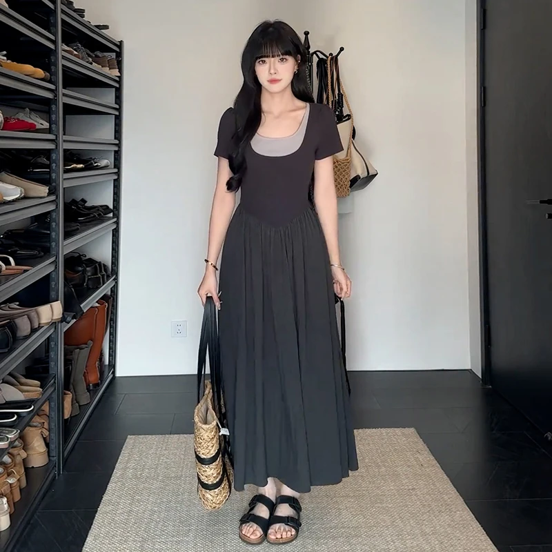 夏季2025新款爆款掐腰法式知性风温柔女装灰色收腰连衣裙子女长裙