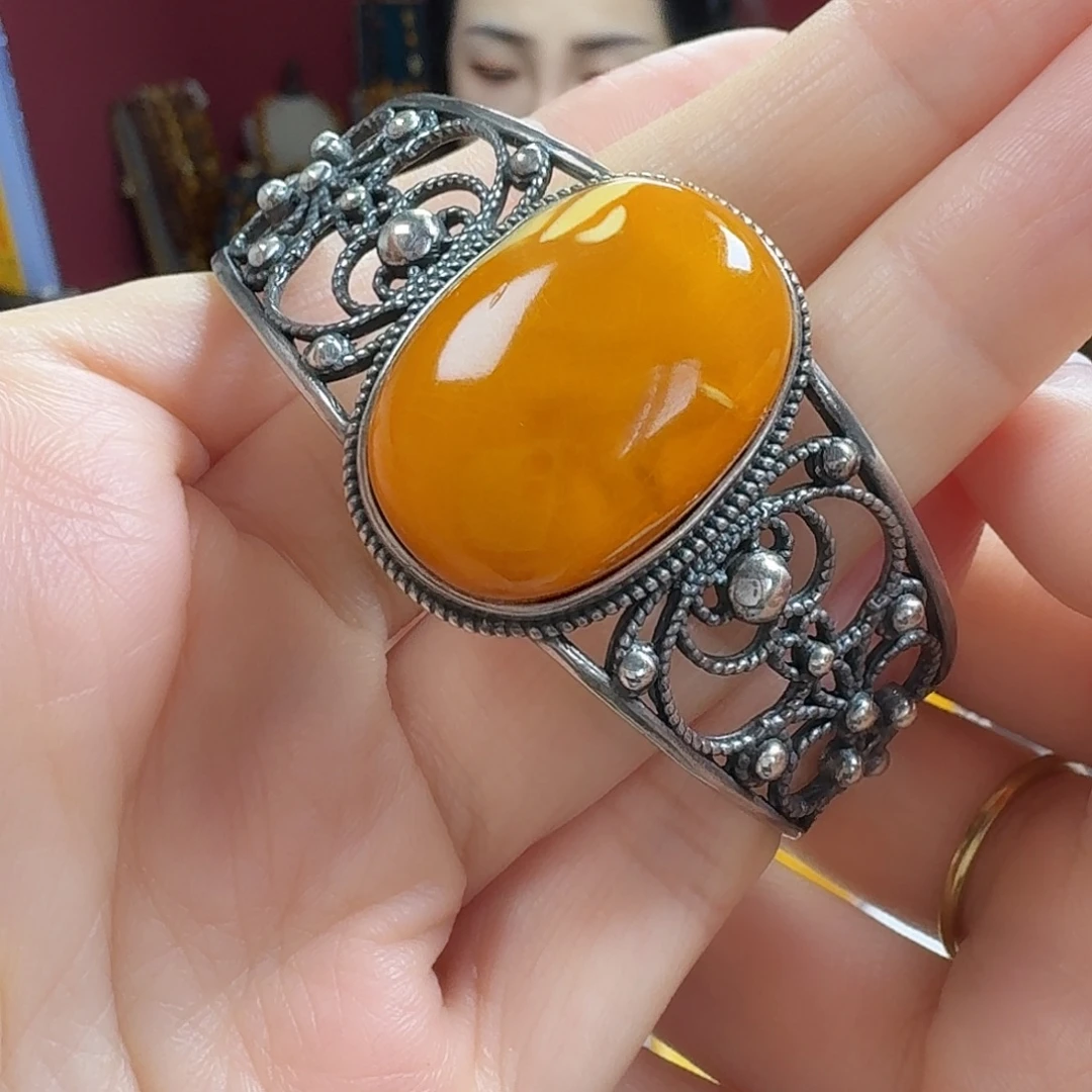 蜜蜡银S925镶嵌手链手镯