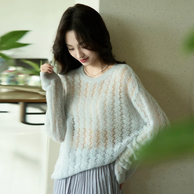 新款镂空简约修身羊毛衫100%纯羊毛百搭时尚针织衫女慵懒风打底衫