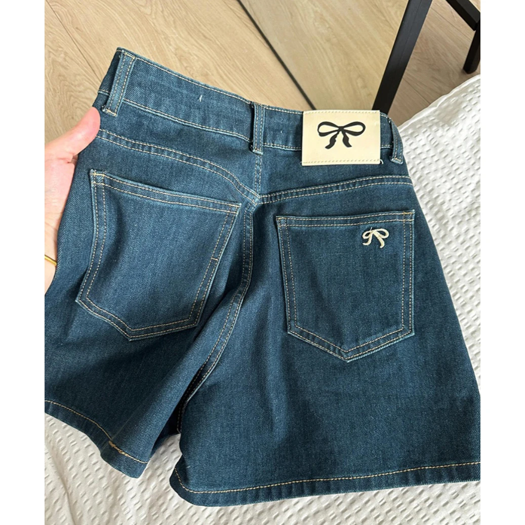 蝴蝶结刺绣牛仔短裤女夏季新款高腰显瘦设计感阔腿短裤百搭热裤子
