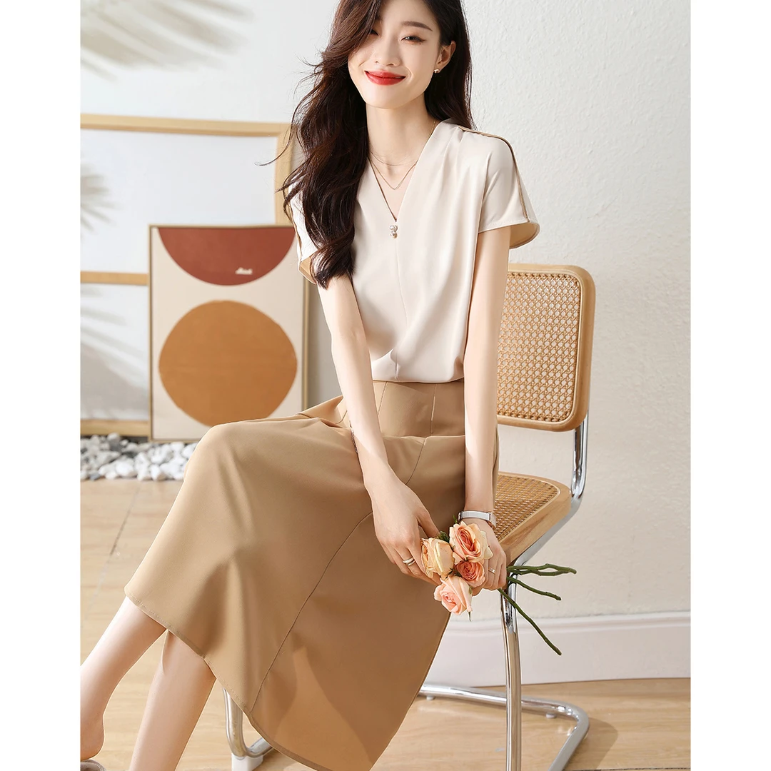 沫晗依美2025夏新款撞色芽边雪纺衬衫半裙两件套通勤显瘦套装3108