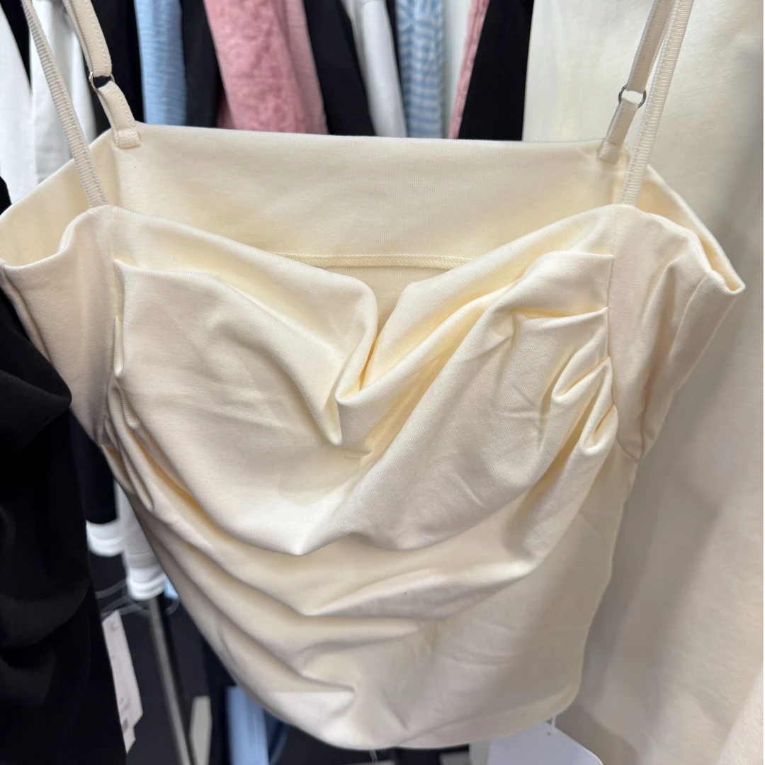 晶咕白标褶皱吊带小背心