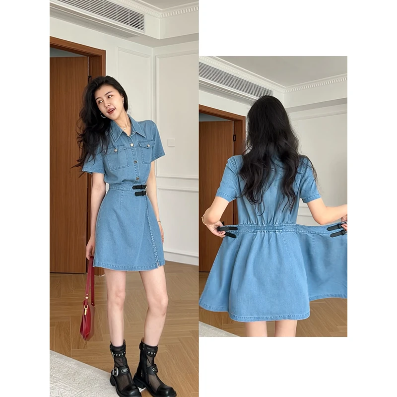 张阿星【牛仔旅人】港味简约复古风一片式收腰显瘦连衣裙W425Q06769
