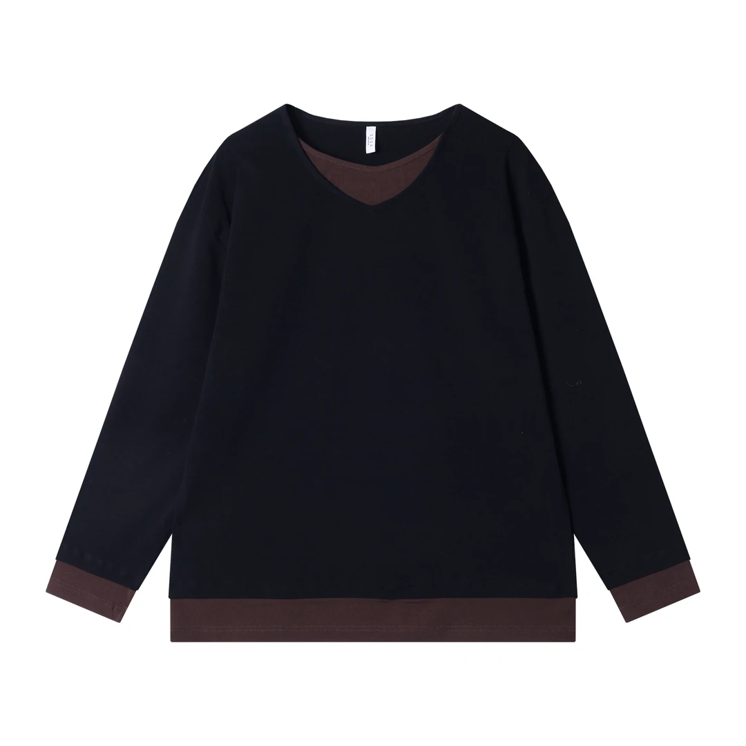 春夏新款时尚个性气质简约V领撞色假两件宽松休闲百搭显瘦上衣