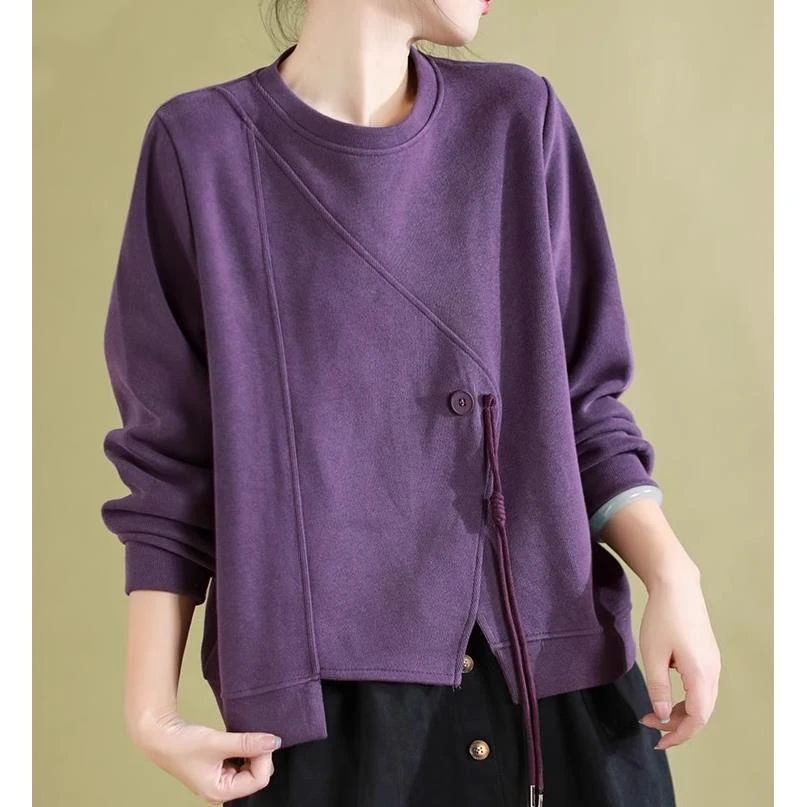 2025秋装大码女装圆领宽松显瘦上衣休闲拼接长袖卫衣