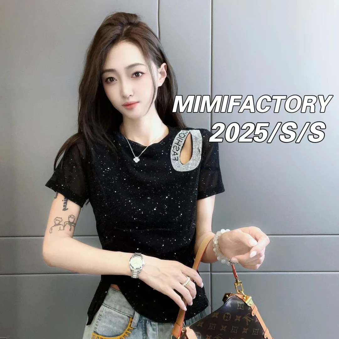 2025夏新款 镂空烫钻字母设计感短袖T恤女修身显瘦上衣#4534