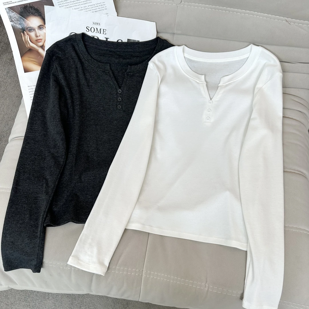 【米可家】莱赛尔天丝棉剪刀领显瘦长袖T恤6367