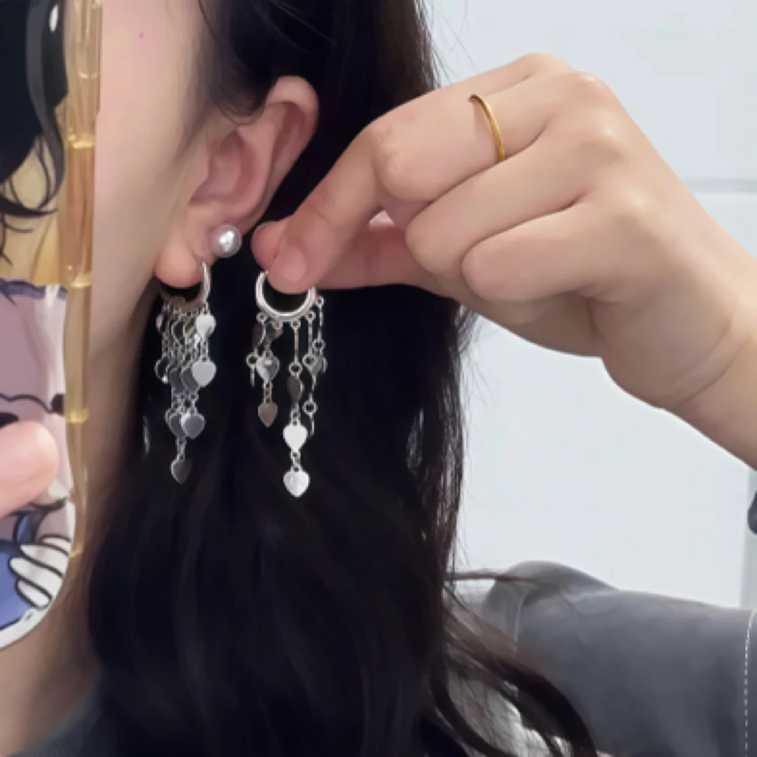 铜合金耳饰 爱心流苏耳扣轻奢小众高级感耳环气质显脸瘦百搭耳饰